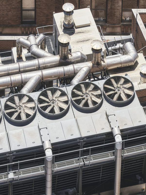 Aerial view of rooftop air conditioning system, New York City, USA.